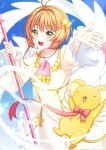  1girl antenna_hair brown_hair cardcaptor_sakura dress green_eyes hair_ornament highres holding kero kinomoto_sakura looking_at_viewer magical_girl open_mouth pochimaru_(marumaru_wanwan) short_hair smile solo star_(symbol) star_hair_ornament teeth upper_teeth_only wand yellow_dress 