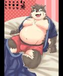  anthro asian_clothing bed bedding belly blanket bulge canid canine canis clothed clothing domestic_dog east_asian_clothing eyebrows fur furniture grey_body grey_fur hi_res japanese_clothing kimono lifewonders male mammal moritaka musclegut navel on_bed os234695 partially_clothed pecs scar solo thick_eyebrows tokyo_afterschool_summoners underwear 