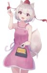  1girl :d animal_ear_fluff animal_ears apron arm_up chopsticks cooking food highres holding holding_chopsticks holding_pan inubashiri_momiji matcha_yado naked_apron open_mouth pancake pink_apron pom_pom_(clothes) red_eyes short_hair simple_background smile solo tail touhou upper_body white_background white_hair wolf_ears wolf_girl wolf_tail 