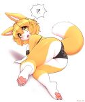  ?! absurd_res anthro big_breasts blonde_hair bra breasts butt canid canine clothed clothing dipstick_tail feet female fluffy fluffy_tail fox fur hair hi_res jupiter_europe kemono lingerie lying mammal markings nipples on_side open_mouth panties pawpads rear_view simple_background skimpy solo tail tail_markings underwear white_background yellow_body yellow_fur 