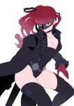  absurdres black_jacket breasts chain frilled_sleeves frills gloves highres igusaharu jacket leotard mask persona persona_5 ponytail red_eyes red_gloves red_hair thighhighs thighs white_background yoshizawa_kasumi 