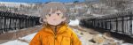  1girl alternate_costume asasow blue_sky brown_eyes coat commentary_request day fence grey_hair hatoba_tsugu highres hood hood_down hooded_coat iron_fence looking_at_viewer mole mole_under_eye open_mouth orange_coat outdoors parka raised_eyebrows single_hair_ring sky smile snow solo tsugu_(vtuber) upper_body virtual_youtuber 
