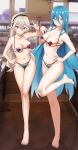 2girls absurdres alternate_costume azura_(fire_emblem) bikini blue_hair breasts cafe corrin_(female)_(fire_emblem) corrin_(fire_emblem) english_commentary fire_emblem fire_emblem_fates grey_hair hairband highres igni_tion long_hair looking_at_viewer medium_breasts multiple_girls pointy_ears red_eyes swimsuit very_long_hair yellow_eyes 