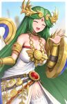  1girl :d ^_^ armlet bare_shoulders blurry blurry_background breasts cleavage closed_eyes collarbone commentary_request gonzarez green_hair hand_up highres kid_icarus large_breasts long_hair looking_at_viewer outdoors palutena shield smile solo thighhighs very_long_hair white_thighhighs 
