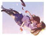  2girls black_hair braid brown_hair closed_eyes falling freefall highres holding holding_poke_ball hug juliana_(pokemon) long_hair medium_hair multiple_girls necktie nemona_(pokemon) poke_ball pokemon pokemon_(game) pokemon_sv red_eyes sawara65 school_uniform shoes shorts socks uva_academy_school_uniform yuri 