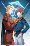  2boys absurdres amuro_ray aqua_eyes belt black_belt black_cape blonde_hair blue_cape blue_eyes blue_jacket brown_hair cape char&#039;s_counterattack char_aznable closed_mouth cropped_legs gundam hair_slicked_back hand_on_own_hip high_collar highres holding holding_sword holding_weapon jacket long_sleeves looking_at_another male_focus military_uniform multiple_boys oh_syz pants rapier red_pants shirt short_hair shoulder_boards smile space star_(sky) sword turtleneck two-sided_cape two-sided_fabric uniform weapon white_pants white_shirt 