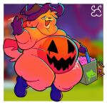  ambiguous_gender anthro bag belly belly_overhang big_belly bodypaint boots candy clothing dessert double_chin fangs food footwear gloves halloween handwear hat headgear headwear holidays jack-o&#039;-lantern katsuma katsuma_(species) mammal monster_(moshi_monsters) moshi_monsters obese obese_anthro open_mouth open_smile overweight overweight_anthro smile solo spleeep teeth trick_or_treat witch_costume witch_hat 