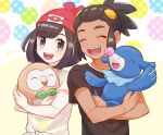  1boy 1girl :d beanie brown_shirt closed_eyes commentary_request eyelashes happy hat hau_(pokemon) highres holding holding_pokemon mochi_(mocchi_p_2m) open_mouth pokemon pokemon_(creature) pokemon_(game) pokemon_sm popplio rowlet selene_(pokemon) shirt short_sleeves smile teeth tied_shirt tongue upper_body upper_teeth_only yellow_shirt 