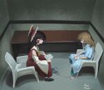  2girls absurdres ankle_cuffs bare_shoulders blonde_hair blue_dress bow braid brown_hair closed_eyes closed_mouth detached_sleeves dress from_above from_side full_body hair_bow hair_ribbon hair_tubes hakurei_reimu highres holding holding_paper indoors interrogation kirisame_marisa long_hair long_sleeves looking_at_another meme monobloc_(chair) multiple_girls nikolas_cruz_interrogation_(meme) no_headwear nyztsune paper profile red_dress red_skirt red_vest ribbon sarashi sitting skirt skirt_set touhou tress_ribbon vest wide_sleeves ze_(phrase) 