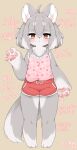  1girl :&lt; ahoge animal_ear_fluff animal_ears animal_hands arm_up barefoot blush brown_eyes camisole full_body furry furry_female grey_hair ichi_(nuksun12) original pink_camisole red_shorts short_hair short_shorts shorts simple_background solo tail thighs translated wolf_ears wolf_girl wolf_tail 