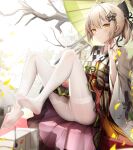  1girl absurdres ahoge arknights black_bow bow closed_mouth grey_hair hair_bow hair_ornament highres holding holding_umbrella japanese_clothes kimono lens_(arknights) no_shoes nopetroto official_alternate_costume pantyhose ponytail scene_(arknights) scene_(betsushi)_(arknights) short_hair soles solo star_(symbol) star_hair_ornament umbrella white_kimono white_pantyhose wide_sleeves yellow_eyes 