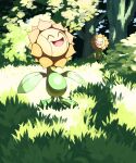  :d ^_^ absurdres bush closed_eyes commentary_request day grass happy highres jira_(ziraiya26) no_humans open_mouth outdoors pokemon pokemon_(creature) shadow smile solo sunflora 