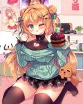  1girl ;p ahoge animal aran_sweater bare_shoulders black_bow black_shirt black_skirt black_thighhighs blue_sweater blush bow breasts cable_knit cake cleavage cleavage_cutout clothing_cutout commentary_request controller dog double_bun food fork game_controller green_eyes green_ribbon hair_bun hair_intakes hair_ornament hair_ribbon hairclip handheld_game_console heart_cutout highres holding holding_fork holding_plate indoors large_breasts long_hair long_sleeves no_shoes off-shoulder_sweater off_shoulder one_eye_closed orange_hair original plaid plaid_skirt plate pleated_skirt puffy_long_sleeves puffy_sleeves ribbon shirt sitting skirt sleeveless sleeveless_shirt sleeves_past_wrists solo suzunone_rena sweater thighhighs thighs tongue tongue_out two_side_up very_long_hair wariza 