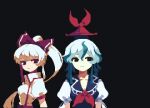  2girls 4qw5 black_background black_eyes blue_dress blue_hair blue_headwear breasts dress frills fujiwara_no_mokou hair_ribbon hat kamishirasawa_keine long_hair looking_at_another medium_breasts multicolored_hair multiple_girls pants pixel_art ponytail puffy_short_sleeves puffy_sleeves red_pants red_ribbon ribbon shirt short_sleeves simple_background sleeveless sleeveless_dress suspenders touhou two-tone_hair very_long_hair white_hair white_shirt 