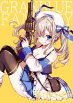  1girl blonde_hair blue_eyes blue_skirt breasts character_name cleavage coat copyright_name cucouroux_(granblue_fantasy) granblue_fantasy gun holding holding_gun holding_weapon hoshikuzu one_eye_closed skirt thighhighs twintails weapon white_coat yellow_background 
