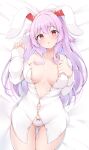  1girl animal_ears ass_visible_through_thighs bow bow_panties breasts breasts_apart collarbone commentary_request from_above hand_on_own_chest hands_up long_sleeves lying medium_breasts off_shoulder on_back on_bed panties purple_eyes purple_hair rabbit_ears reisen_udongein_inaba rururiaru single_bare_shoulder sleeves_past_wrists solo thigh_gap touhou underwear white_panties 