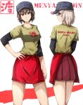  2girls alternate_costume apron blue_headwear brown_eyes brown_hair brown_shirt closed_mouth clothes_writing commentary employee_uniform from_behind girls_und_panzer hand_on_own_hip highres itsumi_erika layered_sleeves long_sleeves looking_at_viewer looking_back miniskirt multiple_girls nishizumi_maho omachi_(slabco) patrol_cap pleated_skirt red_apron red_skirt romaji_text shirt short_hair short_over_long_sleeves short_sleeves side-by-side skirt smile standing t-shirt text_background uniform waist_apron 