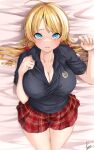  1girl absurdres ahoge black_shirt blonde_hair blue_eyes breasts cleavage commentary_request endo_yohane hachimiya_meguru hair_ornament highres idolmaster idolmaster_shiny_colors large_breasts long_hair looking_at_viewer low_twintails lying miniskirt on_back on_bed plaid plaid_skirt pleated_skirt polo_shirt school_uniform shirt short_sleeves skirt twintails 