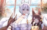  3girls absurdres akagi-chan_(azur_lane) amagi-chan_(azur_lane) animal_ears azur_lane bare_shoulders bell black_kimono blue_eyes blush breasts brown_hair cleavage closed_eyes cuddling eating english_commentary eyeshadow facing_viewer floral_print flower food fox_ears fox_girl fox_tail hair_bell hair_flower hair_ornament hand_up headpat highres hug indoors japanese_clothes kaga_(azur_lane) kimono kitsune large_breasts long_hair looking_at_another makeup medium_hair multiple_girls multiple_tails off_shoulder popcorn red_eyeshadow red_kimono samip short_hair sleeping slit_pupils smile tail upper_body white_flower white_hair white_kimono 