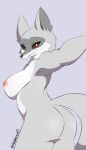  anthro big_breasts breasts canid canine canis crossgender death_(puss_in_boots) female fur grey_body grey_fur hi_res hidden-cat looking_at_viewer looking_back looking_back_at_viewer mammal mtf_crossgender nipples nude puss_in_boots_the_last_wish red_eyes simple_background solo standing wolf 