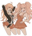  2girls :d ahoge arms_behind_head bare_arms bare_shoulders black_necktie black_shirt bow bracelet breasts cosplay costume_switch criis-chan cropped_legs danganronpa:_trigger_happy_havoc danganronpa_(series) dress enoshima_junko enoshima_junko_(cosplay) jewelry large_breasts long_hair miniskirt multiple_girls necktie no_hair_ornament panty_&amp;_stocking_with_garterbelt panty_(psg) panty_(psg)_(cosplay) pink_dress pleated_skirt red_bow red_nails red_skirt shirt simple_background skirt small_breasts smile teeth twintails upper_teeth_only white_background white_necktie 