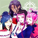  akino_(eveplus) black_hair blue_hair breasts cake cleavage cleavage_cutout closed_eyes clothing_cutout dark-skinned_male dark_skin fire_emblem fire_emblem_engage flower food hair_ribbon highres holding holding_food hortensia_(fire_emblem) ivy_(fire_emblem) jewelry kagetsu_(fire_emblem) long_hair necklace one_eye_closed open_mouth pink_eyes pink_hair ponytail ribbon short_hair smile veil yellow_eyes zelkov_(fire_emblem) 