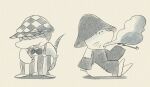  2023 anthro biped bow_tie chibi clothing duo gamba_no_bouken gamba_no_bouken_(series) hat headgear headwear hi_res hikari_gamba ikasama mammal mouse murid murine overalls rodent shijin simple_background sitting smoking 