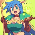  1girl :d animal_ears blue_hair breasts brown_gloves capelet commentary_request fang gloves green_background green_eyes holding holding_staff large_breasts long_hair looking_at_viewer metata navel open_mouth rpg_maker smile solo staff translation_request upper_body 