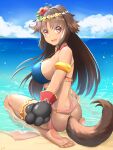  1girl absurdres animal_ears barefoot beach breasts brown_hair dog_ears dog_girl dog_tail fang feet flower hair_flower hair_ornament highres j.c.14 kaori_(princess_connect!) large_breasts looking_at_viewer ocean open_mouth princess_connect! red_eyes soles tail toes 