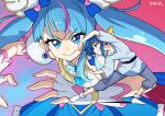  1girl blue_eyes blue_hair bow cure_sky fingerless_gloves g_gundam gloves gradient_background gundam hair_bow hair_tie head_wings heebee highres hirogaru_sky!_precure loose_clothes loose_shirt magical_girl martial_arts master_asia master_gundam parody precure shirt skirt sora_harewataru tunic twintails wings 