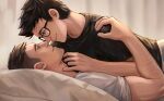  2boys bara bed black_hair black_shirt closed_mouth couple david_king_(dead_by_daylight) dead_by_daylight dessa_nya dwight_fairfield glasses highres looking_at_another lying male_focus multiple_boys muscular muscular_male on_back on_bed pillow shirt short_hair smile white_shirt yaoi 