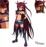  1girl bare_shoulders belt black_gloves blush boots breasts collar cosplay dark-skinned_female dark_skin emrehliugx etna_(disgaea) etna_(disgaea)_(cosplay) flat_chest full_body gloves hand_on_own_hip highres long_hair looking_at_viewer master_nemesis multiple_views navel open_mouth simple_background small_breasts solo thigh_boots thighhighs thighhighs_under_boots to_love-ru to_love-ru_darkness very_long_hair yellow_eyes 
