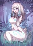  2023 anthro blue_eyes blue_markings blue_nipples bovid breasts caprine curvy_figure digital_drawing_(artwork) digital_media_(artwork) female flades forest fur grass hair hi_res humanoid kindred_(lol) lamb_(lol) league_of_legends looking_at_viewer mammal markings nipples nude outside plant riot_games sheep sitting solo thick_thighs tongue tongue_out tree white_body white_fur white_hair 