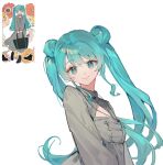  1girl absurdres blue_eyes blue_hair blush double_bun dress grey_dress hair_bun hatsune_miku highres ichisaku jewelry long_hair looking_at_viewer necklace reference_inset smile solo twintails vocaloid 