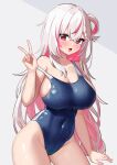  1girl absurdres blue_one-piece_swimsuit blush braid breasts covered_navel dripping hair_ornament highres huge_breasts large_breasts light_blush mingyin_meion_(vtuber) mole mole_under_eye multicolored_hair navel one-piece_swimsuit one_side_up open_mouth original pink_eyes pink_hair shuibo single_hair_ring solo solo_focus strap_slip sweat sweatdrop swimsuit thick_thighs thighs tongue two-tone_hair v virtual_youtuber water water_drop wet wet_clothes wet_swimsuit white_background white_hair 