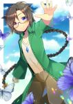  animal black-framed_eyewear black_hair blue_eyes blue_sky blurry blurry_foreground blush bow braid brown_pants bug butterfly closed_mouth cloud cloudy_sky commentary_request commission day depth_of_field feet_out_of_frame floating_hair glasses green_jacket hair_bow heterochromia jacket kou_hiyoyo long_hair looking_at_viewer open_clothes open_jacket original outstretched_arm pants red_eyes semi-rimless_eyewear shirt single_braid skeb_commission sky sleeves_past_wrists smile solo standing standing_on_one_leg under-rim_eyewear very_long_hair white_shirt yellow_bow 