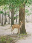  animal day deer forest grass highres naoy_watercolor nature no_humans original painting_(medium) plant scenery traditional_media tree watercolor_(medium) 