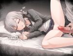  1boy 1girl ahoge bed black_necktie black_pants blue_skirt breasts censored collarbone erection feet_out_of_frame fetal_position girls&#039;_frontline grey_hair grey_hoodie hair_between_eyes highres hood hoodie imminent_penetration lying m200_(girls&#039;_frontline) mosaic_censoring necktie open_clothes open_hoodie paid_reward_available pants parted_lips penis penis_on_pussy petite pillow pussy senpaihawkkun shirt skirt sleeping small_breasts solo spread_legs white_shirt zzz 