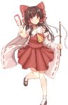 1girl bo_cota brown_hair card hair_ribbon hair_tubes hakurei_reimu highres holding holding_card holding_stick japanese_clothes long_hair looking_at_viewer miko nontraditional_miko red_eyes red_ribbon ribbon solo stick touhou white_background 