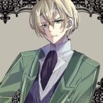  1boy black_necktie blonde_hair blue_eyes blue_vest closed_mouth collared_shirt commentary crossed_bangs double-parted_bangs dress_shirt eiyuu_densetsu frown green_shirt grey_background hair_between_eyes jacket jusis_albarea lapels looking_at_viewer male_focus natsusechoco necktie open_clothes open_jacket ornate_border outside_border popped_collar sen_no_kiseki shirt short_hair solo suit undershirt upper_body vest white_shirt 