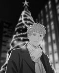  1boy bags_under_eyes blurry blurry_background breath building christmas_tree commentary english_commentary fate/grand_order fate_(series) greyscale highres ikezawa_shin jacket lapels looking_at_viewer male_focus monochrome night notched_lapels open_clothes open_jacket parted_lips saitou_hajime_(fate) scarf short_bangs short_hair smile solo upper_body 