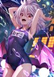  1girl armpits bat_wings blue_one-piece_swimsuit fang highres hijikawa_arashi light_purple_hair one-piece_swimsuit red_eyes remilia_scarlet solo swimsuit thighs touhou wings 