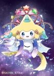  absurdres blue_eyes blush constellation_print highres jirachi keichilla looking_at_viewer no_humans no_nose open_mouth pokemon pokemon_(creature) purple_background sash solo star_(symbol) tanzaku twitter_username 