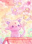  :3 animal_focus bisquii blush cherry_blossoms cloud cutiefly english_commentary espeon light_particles no_humans no_nose orange_sky painting_(medium) pokemon pokemon_(creature) red_eyes rooftop signature sky split_tail spring_(season) traditional_media watercolor_(medium) 