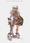  2022 bandages barefoot battle_scarred blank_eyes blue_eyes chain cuffs elf fantasy flowing_curved_sword grey_hair holding holding_shield holding_sword holding_weapon leather lettanya_(maxa&#039;) lock maxa&#039; original pointy_ears scar shackles shield slave slave_tattoo solo sword tan tattoo weapon white_background 