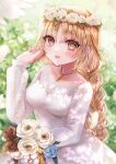 1girl blonde_hair blush bouquet braid braided_ponytail breasts bride brown_eyes dress flower flower_wreath from_above head_wreath highres holding holding_bouquet jewelry lace_sleeves light_brown_hair long_hair long_sleeves looking_at_viewer medium_breasts necklace nijisanji official_alternate_costume official_alternate_hairstyle open_mouth sakurazawa_(sakuracandy123) see-through_cleavage single_braid sister_cleaire smile solo virtual_youtuber wedding_dress white_dress 