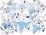  ^_^ animal_focus bear blue_eyes blue_sclera closed_eyes colored_sclera commentary_request cubchoo drooling food hanabusaoekaki highres holding holding_food ice ice_cream no_humans open_mouth pokemon pokemon_(creature) sitting smile snow solid_oval_eyes sparkle streamers vanillish vanillite vanilluxe white_background 