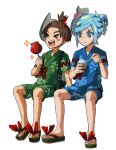  &gt;_&lt; 2boys :d :t absurdres bbhdrrr blue_shirt blue_shorts blush_stickers brown_hair candy_apple closed_eyes closed_mouth commentary_request florian_(pokemon) flower food green_shirt green_shorts grusha_(pokemon) hair_flower hair_ornament highres holding knees korean_commentary male_focus mask mask_on_head multiple_boys open_mouth pokemon pokemon_(game) pokemon_sv sandals shaved_ice shirt short_hair shorts sitting smile teeth toes tongue topknot upper_teeth_only 