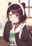  1girl :3 absurdres animal_ears black_choker black_dress black_hair blurry blurry_background blush choker closed_mouth collared_dress cup dog_ears dog_hair_ornament dress drinking_glass flower frilled_dress frills hair_flower hair_ornament hand_up heterochromia highres indoors inui_toko inui_toko_(1st_costume) japanese_clothes long_hair long_sleeves low_twintails maid_headdress mitora_nao nijisanji parted_bangs red_eyes red_flower sleeves_past_fingers sleeves_past_wrists smoothie soda solo twintails upper_body v-shaped_eyebrows virtual_youtuber wide_sleeves yellow_eyes 