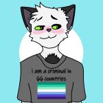  anthro black_ears blizzardfur blizzardfur-maxxx blush blush_lines clothing domestic_cat felid feline felis fur hi_res male mammal portrait pride_color_flag shirt simple_background solo standing t-shirt text topwear white_body white_fur 